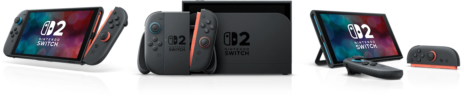 Nintendo Switch 2 shown in handheld, TV, and tabletop configurations
